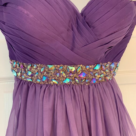 La Femme strapless short Chiffon Dress with Ruched Detail and Embellishment - Picture 5 of 8